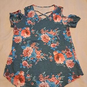 Floral Cold-Shoulder V-Neck Women's Top in Teal and Coral